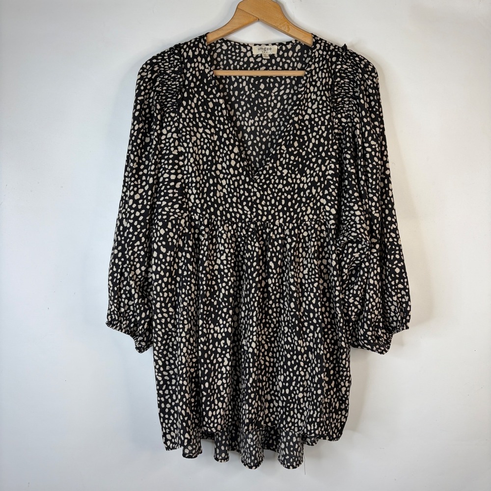 Umgee Tunic Top Women 1XL Black Tan Animal Print V-Neck Babydoll Balloon Sleeve